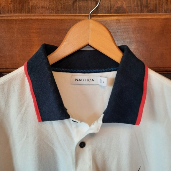 Nautica white striped preppy striped short sleeve polo shirt size large - Picture 4 of 11